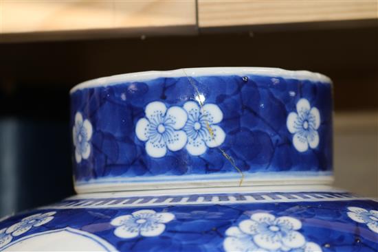 A 19th century Chinese blue and white jar and cover, height 29cm, damaged